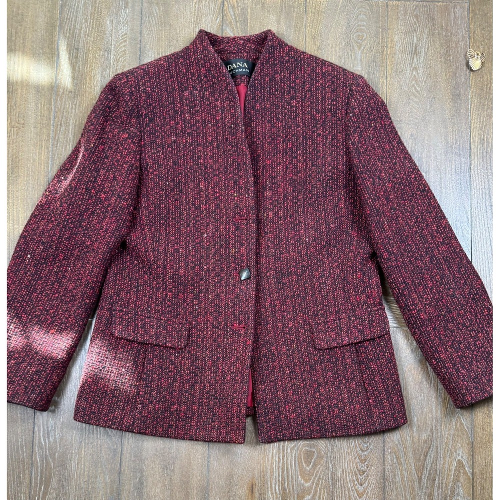 Dana Buchman Women's Size 12 Red Black Wool Tweed Blazer Jacket Textured Lined